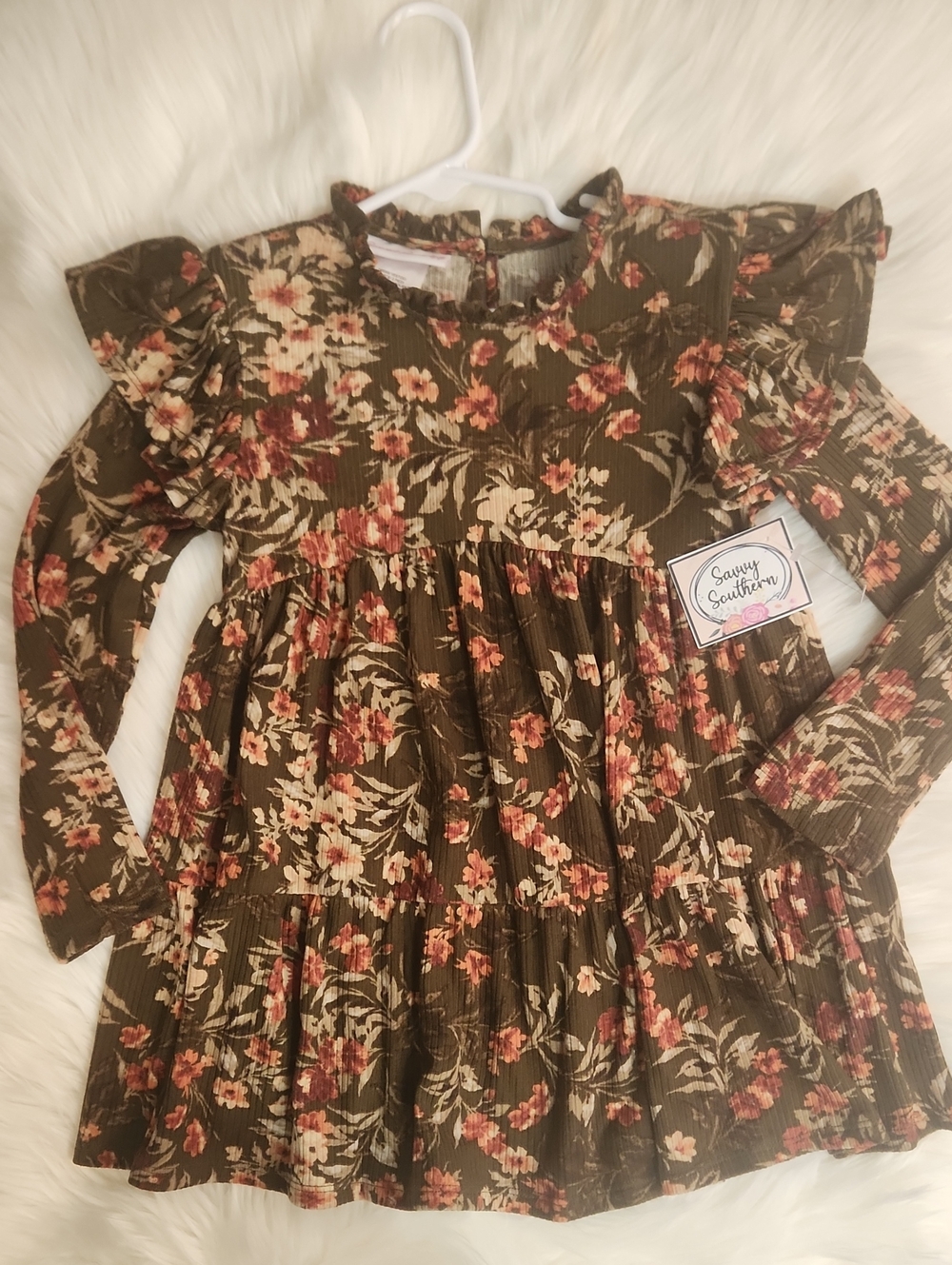 Olive Floral Ruffle Long-Sleeve Dress - Girls Size 6 - Brand: Bonnie Jean